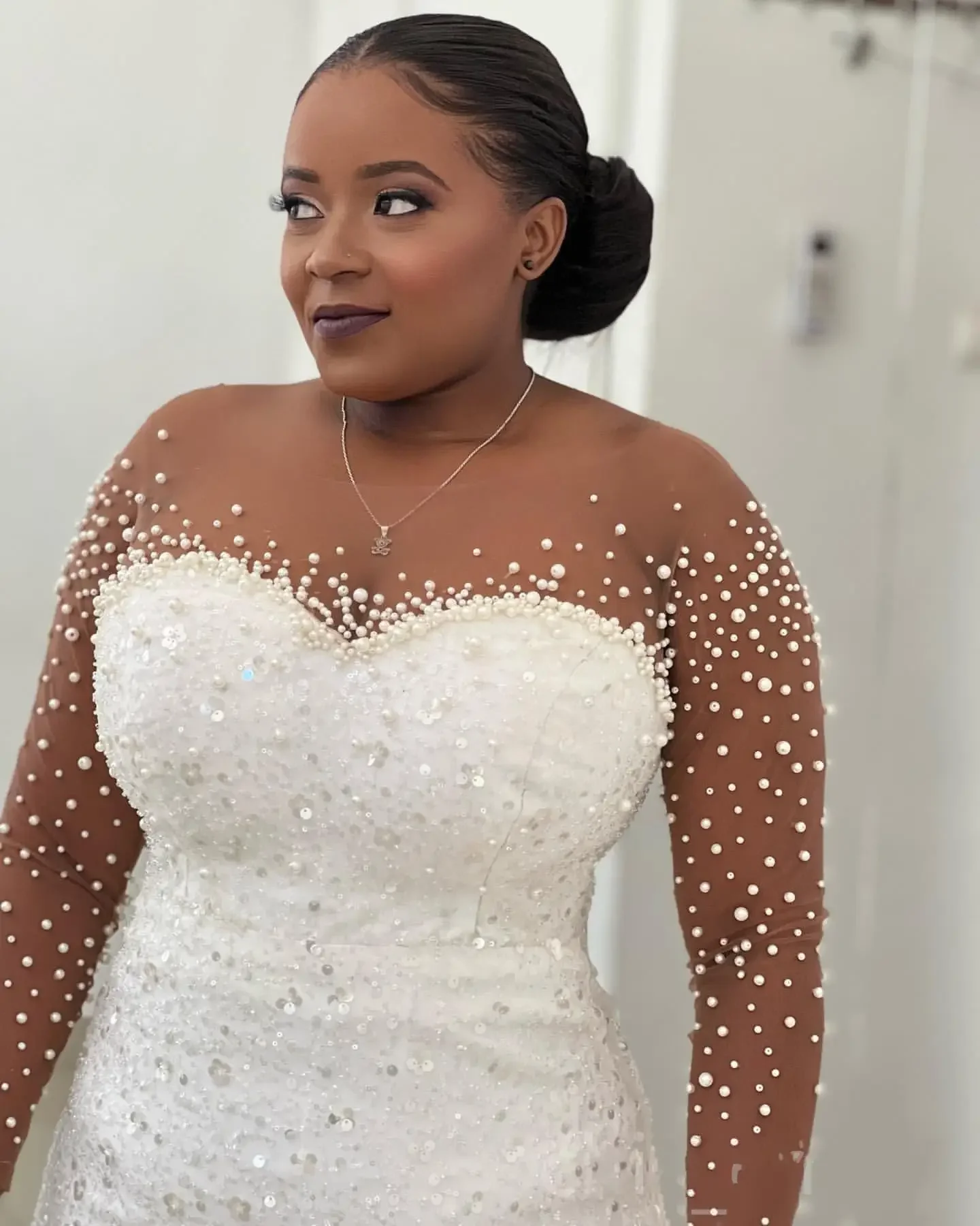 Customized Sheer Neck Sparkly Pearls Beads Mermaid  Wedding Dress Plus Size Open Back  Long Sleeves Detachable Train Bridal Gown