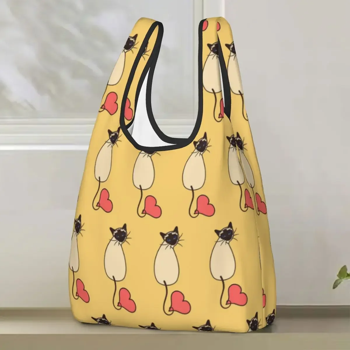 Love Siamese Cat-Yellow Shopping Bag Portable Tote Bags Reusable Shoulder Shopper Bag Grocery Handbag