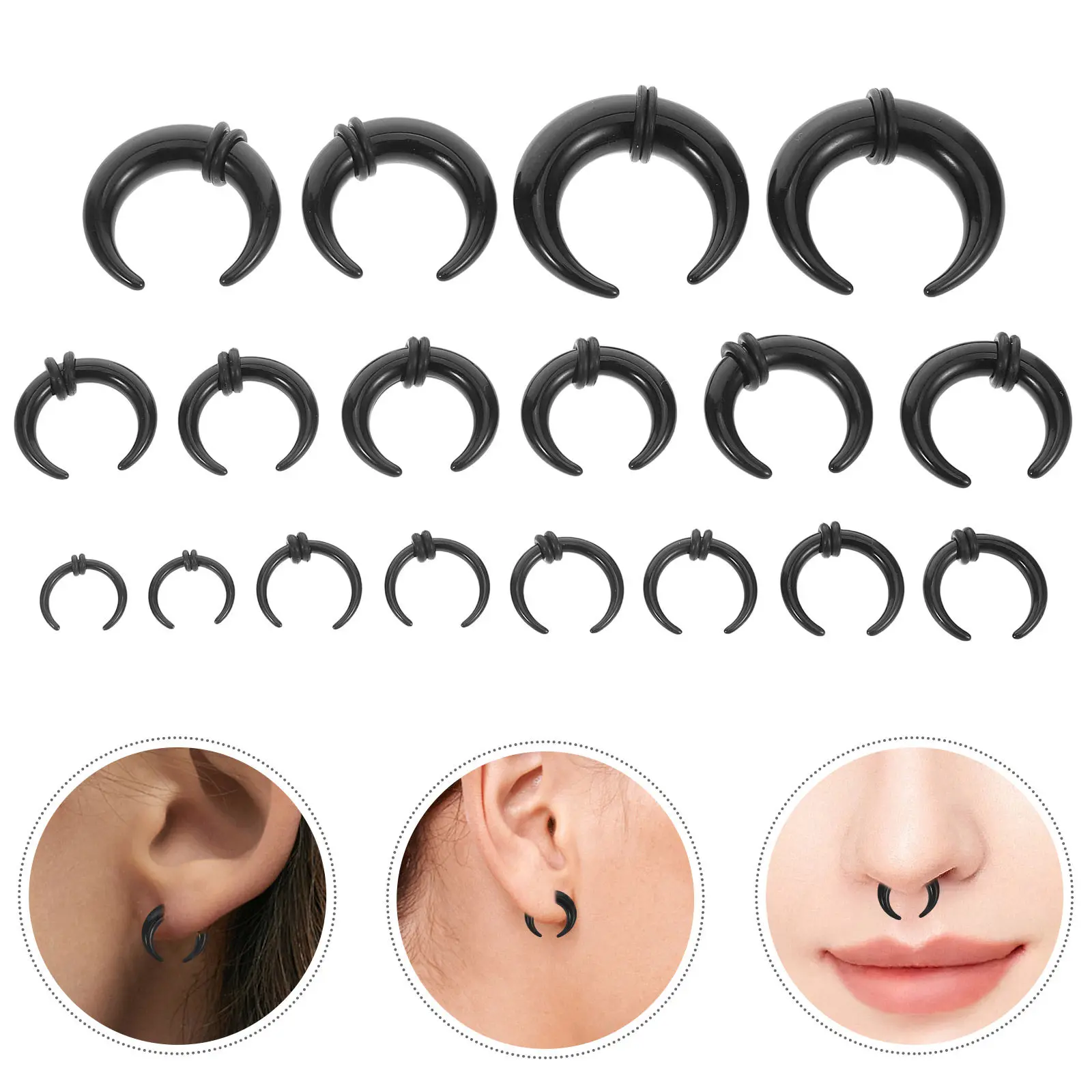 Kit de 18 Piezas de Acrílico Negro en Forma de C para Piercing de Septum, Dilatadores, Expansores, Joyería para Piercing de Nariz, Oreja y Cartílago