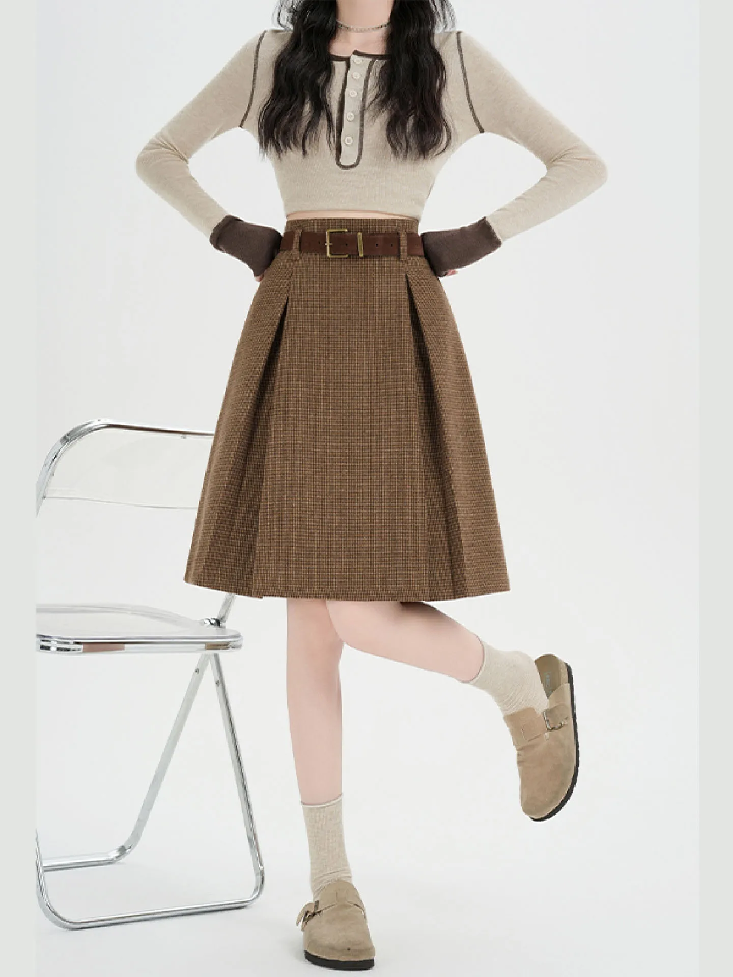 

Плиссированная юбка-миди в клетку для женщин, весна-осень, винтажный стиль, с завышенной талией, стройнящая, А-силуэт, для офиса, антистатическая