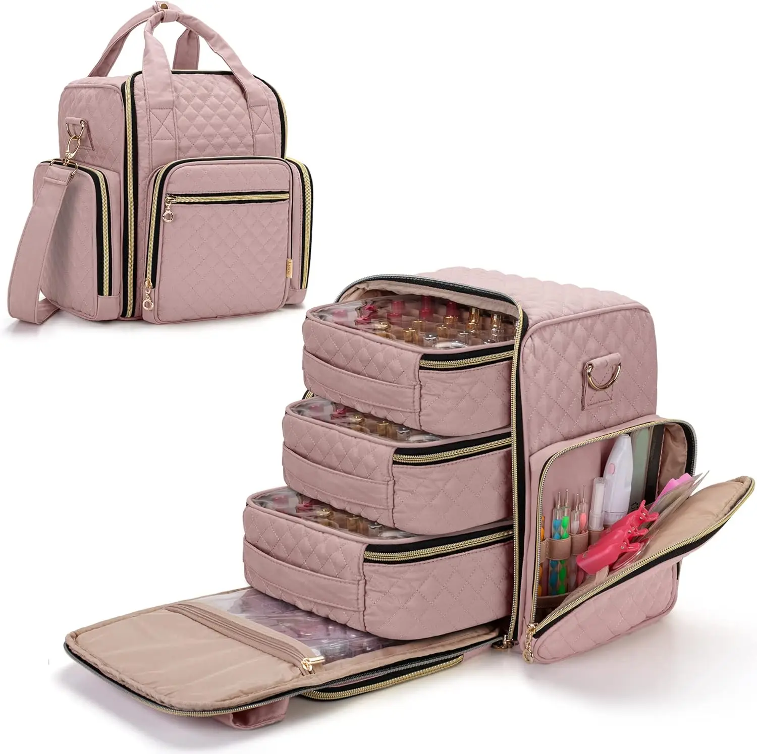 

72 Bottle Nail Polish Organizer with 3 Removable Cases, Tool Pockets & Shoulder Strap - Pale Rose