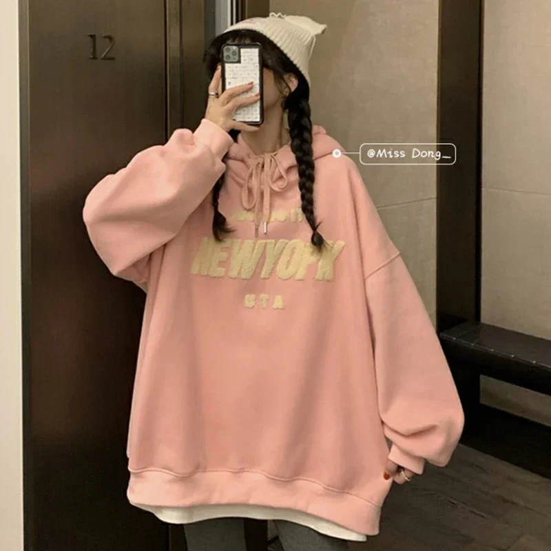 Atasan Pullover wanita lengan panjang, atasan Hoodie model Korea, Hoodie klasik, motif huruf, kasual, atasan Pullover lengan panjang, tipis, musim gugur, untuk wanita