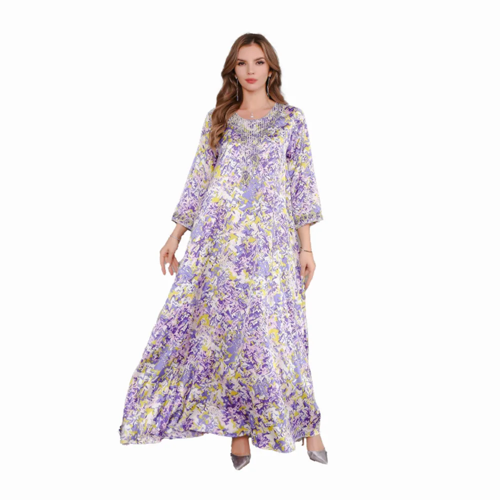 Muslim Women's Summer Purple Nine-point Regular Sleeves Hot Diamond Loose Commuting Elegant Dubai Abaya Evening Dress Robe