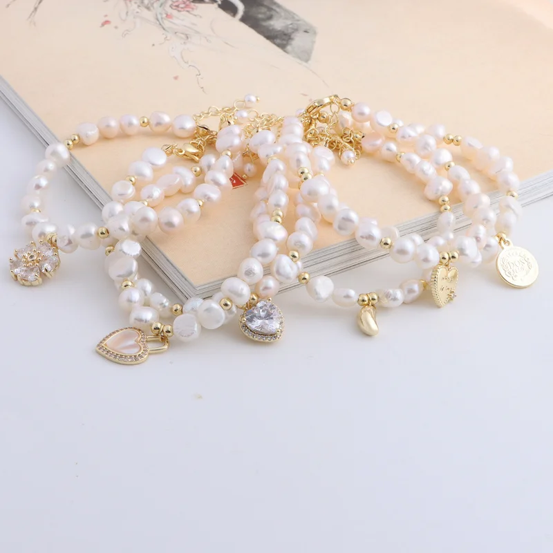 ALLNEWME French Multiple Natural Shell CZ Zircon Coin Heart Bowknot Charm Bracelets for Women Freshwater Pearl Beaded Bracelet