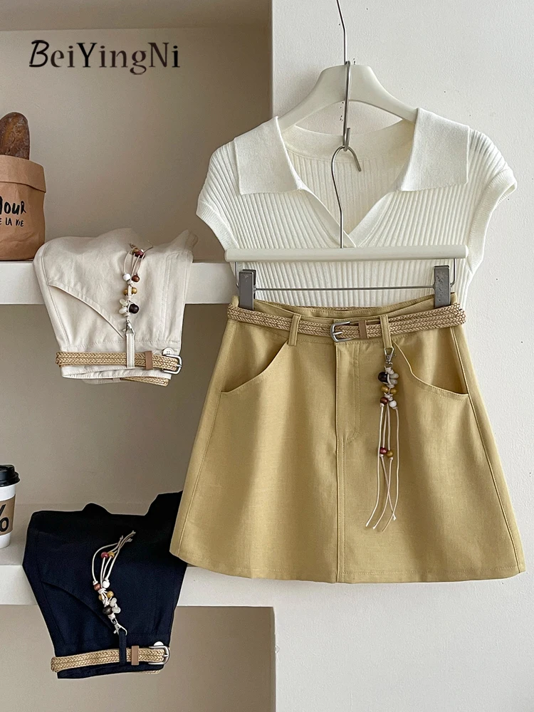 Beiyingni 2025 Summer Korean Women's Mini Skirt Belted Casual All-match Slim High Waist Short A-line Skirts Female Plain Faldas