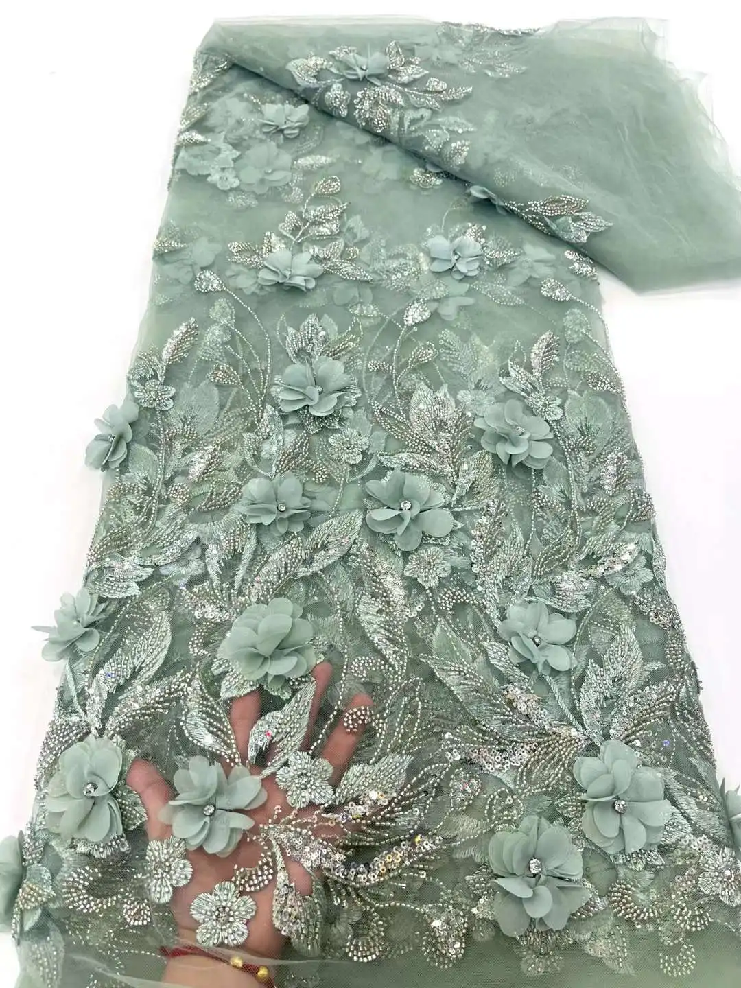 Tissu en dentelle à paillettes de fleurs 3D français, perles NigWin, robe de soirée de mariage, haute qualité, dernier, 5 mètres, 2024