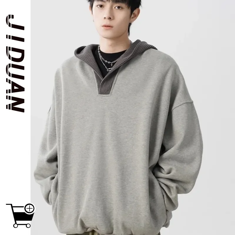 Sweat-shirt à col en v pour hommes, automne hiver, sweat à capuche tricoté, épissage en laine, Niche