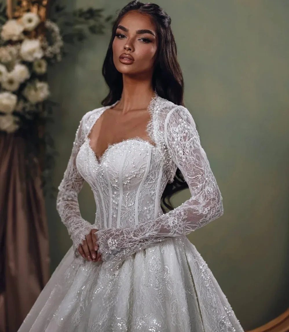 

2026 New Lace Wedding Dress With Jacket Sweetheart Long Sleeve Lace Beading Church Bridal Gown for Bride Vestidos De Noiva