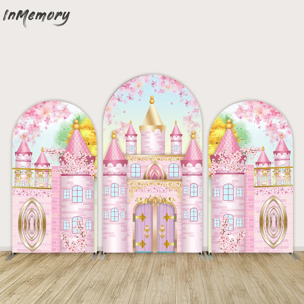 

Pink Castle Princess Arch Backdrop Cover for Girl Newborn Baby Shower Party Decor Background Spring Flower Birthday Banner Wall