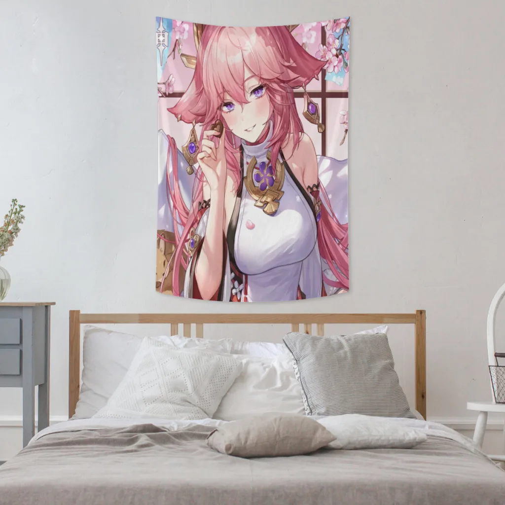 Custom  Genshin Yae Miko Tapestry Game Character  Yae Miyaji Wall Hanging Room Decor Aesthetic Lovely Poster