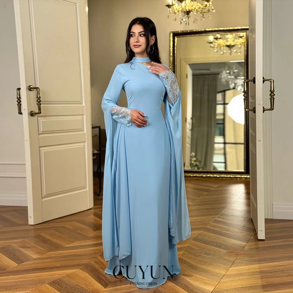 

CUYUN Evening Dresses Women O-Neck Hollow Out Cape Sleeves Prom Gown Slit Sleeves with Lace Customized Women Party Gown