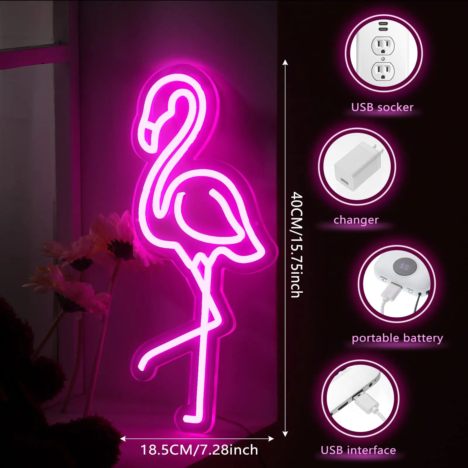 Flamingo Neon Signs Aesthetic Pink LED Flamingo Lights Decoration for Wall Decor Bar Living Room Bedroom Kids Room USB Powered