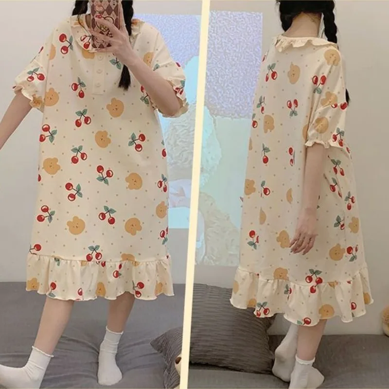 2024 New Fashion Girls Princess Style Nightgowns Female Summer Sweet Short-sleeved Pajamas Casual Loose Home Clothes Sleepshirts