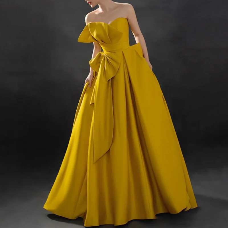 Customized Yellow Color Gorgeous Strapless Evening Dresses French Style With Bow Fairy A-line Prom Party Gowns Woman Hemline Ves