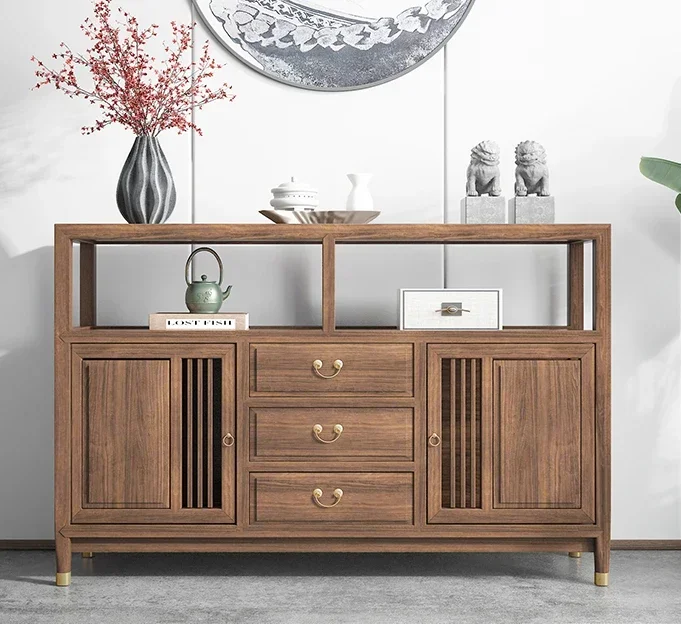 

New Chinese Style Sideboard Cabinet Wall Zen Cabinet Tea Room Light Luxury Side Cabinet Xuan Solid Wood Walnut Color