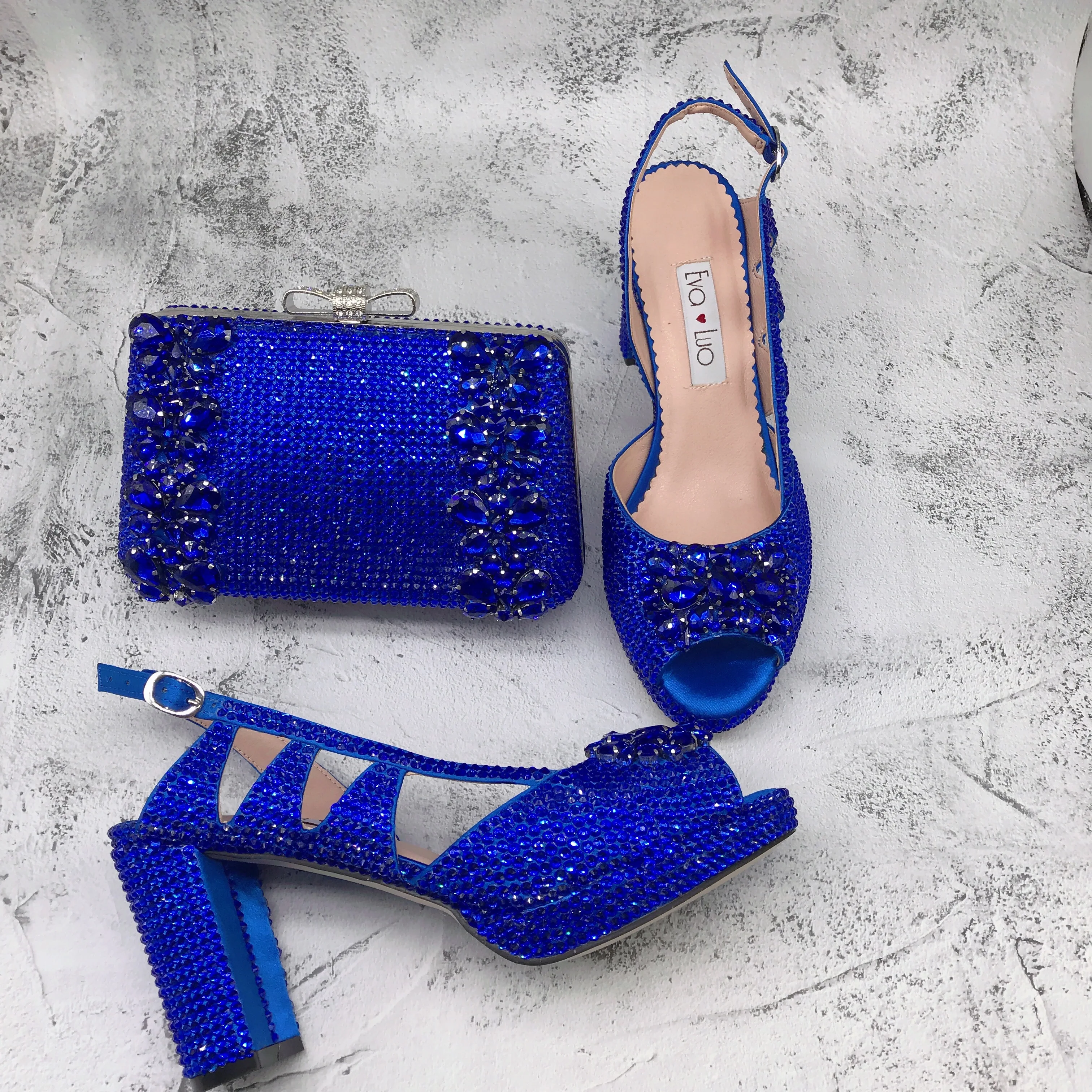 BS1551 Custom Made Various Heel Women Shoes Dress Pumps  Bridal Wedding Shoes Royal Blue Crystal Shoes With Matching Bag