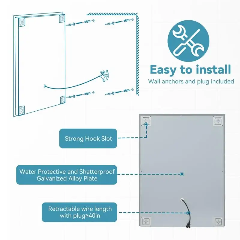 Lustro łazienkowe LED 36x28 cali, funkcja odmgławiająca w 5 minut, odbicie Full HD, 3 kolory oświetlenia z możliwością ściemniania, montaż ścienny, stylowy design dla nowoczesnego wnętrza.