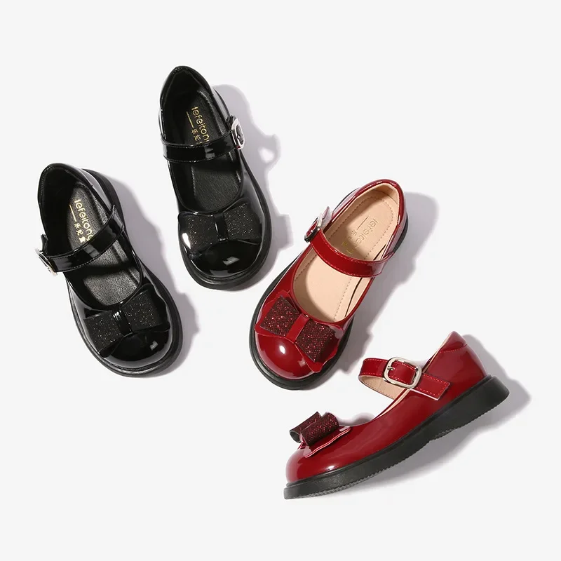 Girls Leather Shoes Black Red Children New Fashion Elegant Shiny Bowknot Kids Princess Shoes Hook & Loop Shallow Wedding Shoes