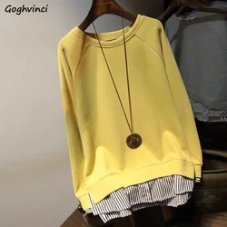 Sweatshirts Women Fake Two Pieces Autumn New Loose Korean Style All-match Fashion Patchwork O-neck Clothing Aesthetic Vintage