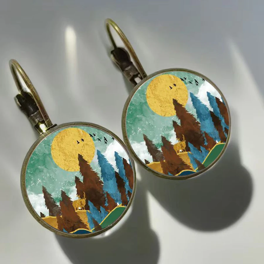 2024 New Mountain River Sunset Earrings Lake Forest Scenery Women\'s Glass Earrings Love for Nature Girl Earrings Gift