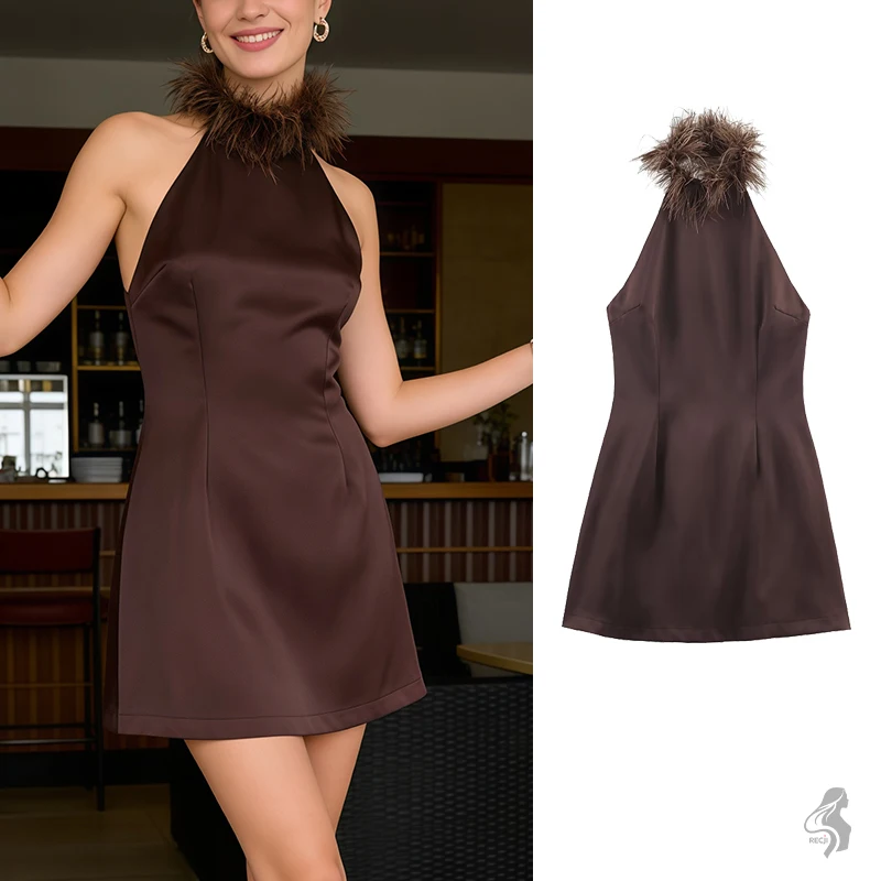 Womens Satin Halter Dress With Feather Neckline Fitted Backless Short Style Luxury Party Evening And Date Dress Womens Dresses