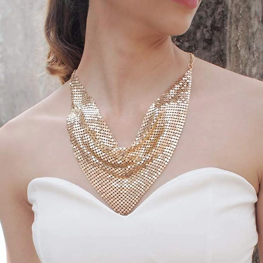 AKYZO 1pc Glittering Triangle Scarf With False Collar Necklace Women Exaggerated Metal Lock Bone Short Neck Scarf Great Gift For