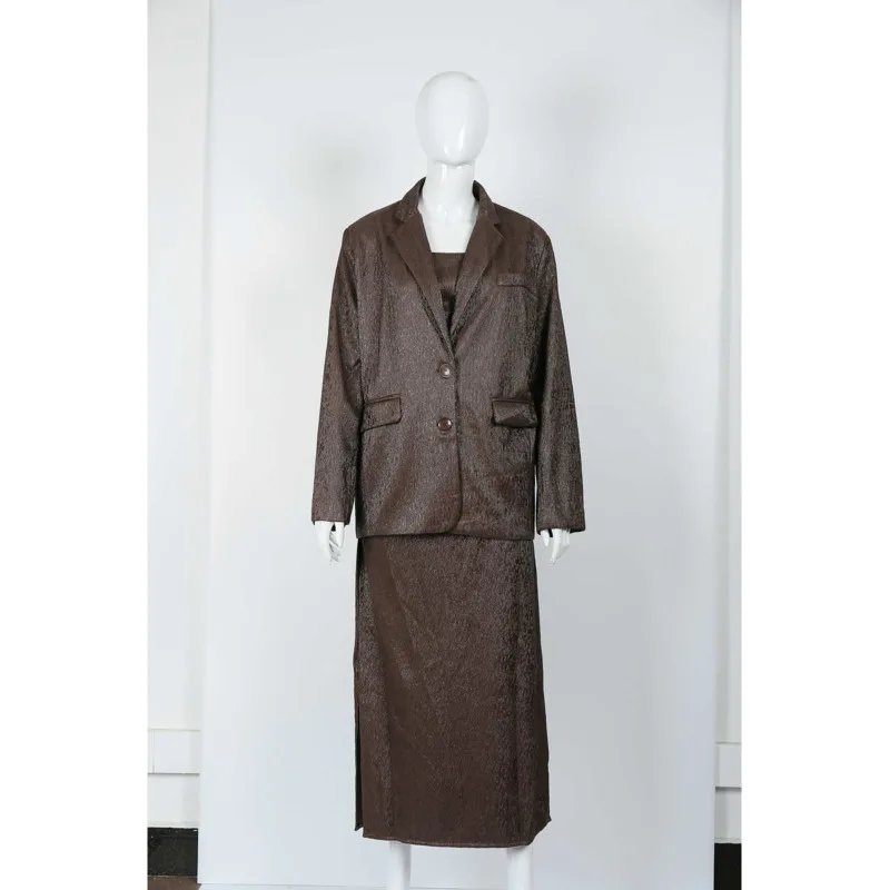 KWTX Set due pezzi da donna Abito e giacca casual marrone caffè Elegante design vintage di lusso SS 2025 Abito elegante