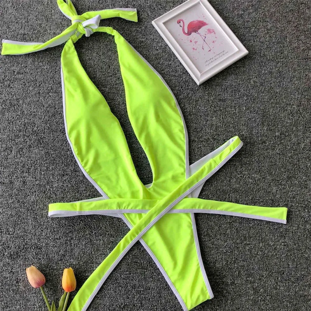 2026 Neon-Grüner Damen-Badeanzug, High-Cut, Rückenfrei, Einteiliger Badeanzug, Sexy Neckholder-Badeanzug, Monokini V1336G – Detail 25