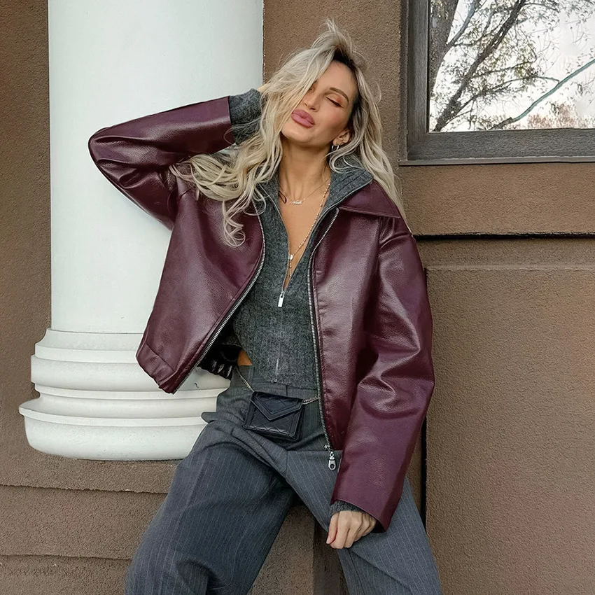 

Retro Wine Red Faux Leather Jacket Women Fashion Outerwear Thicken Ziper Lapel Pu Coats Autumn Winter Streetwear Ladies Tops
