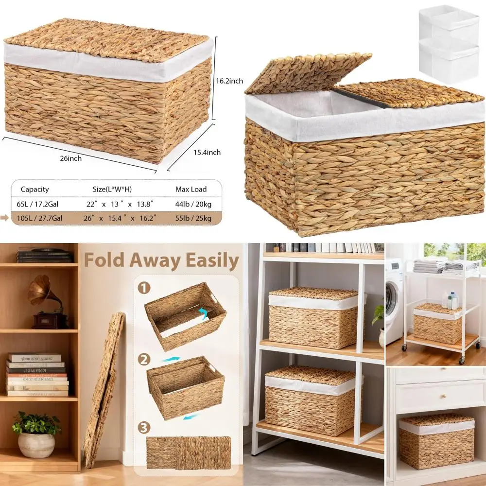 

Large Foldable Wicker Storage Basket with 2 Lids and Liners for Clothes, Toys, and Blankets - 105L Water Hyacinth Organizer