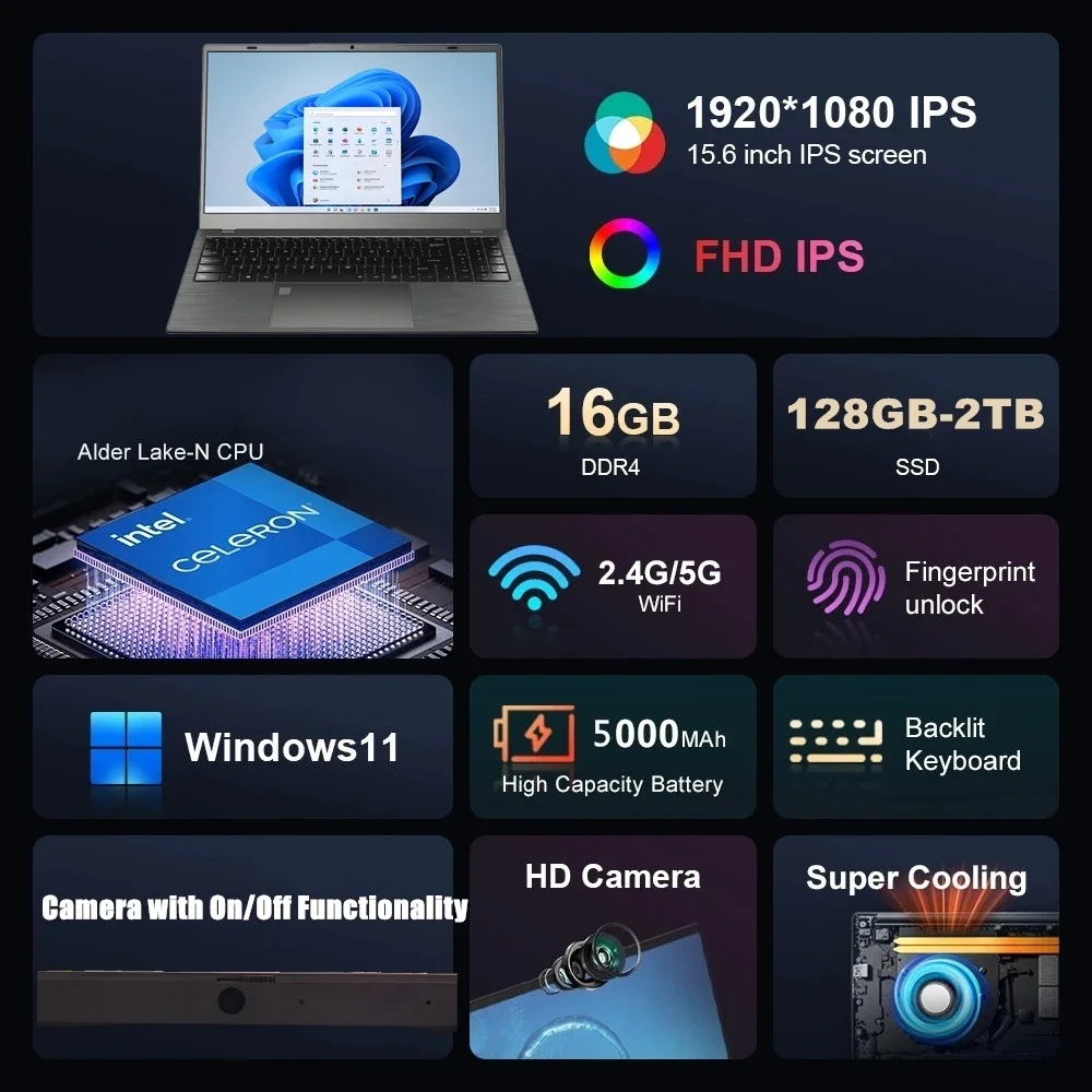 AKPAD 15.6-calowy ultracienki laptop IPS, RAM 16 GB, ROM 128 GB-2 TB SSD, procesor Intel N5095 11. generacji, Windows 11 Pro, WiFi 5G, stacja robocza, wysyłka globalna