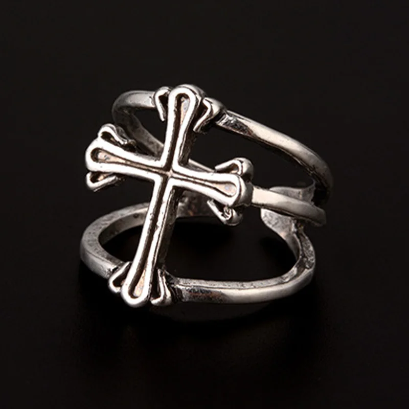 Retro Double Band Cross Ring For Men Punk Gothic Rock Hiphop Open Ring Biker Akcesoria Ręcznie robiona designerska biżuteria Unisex Prezent