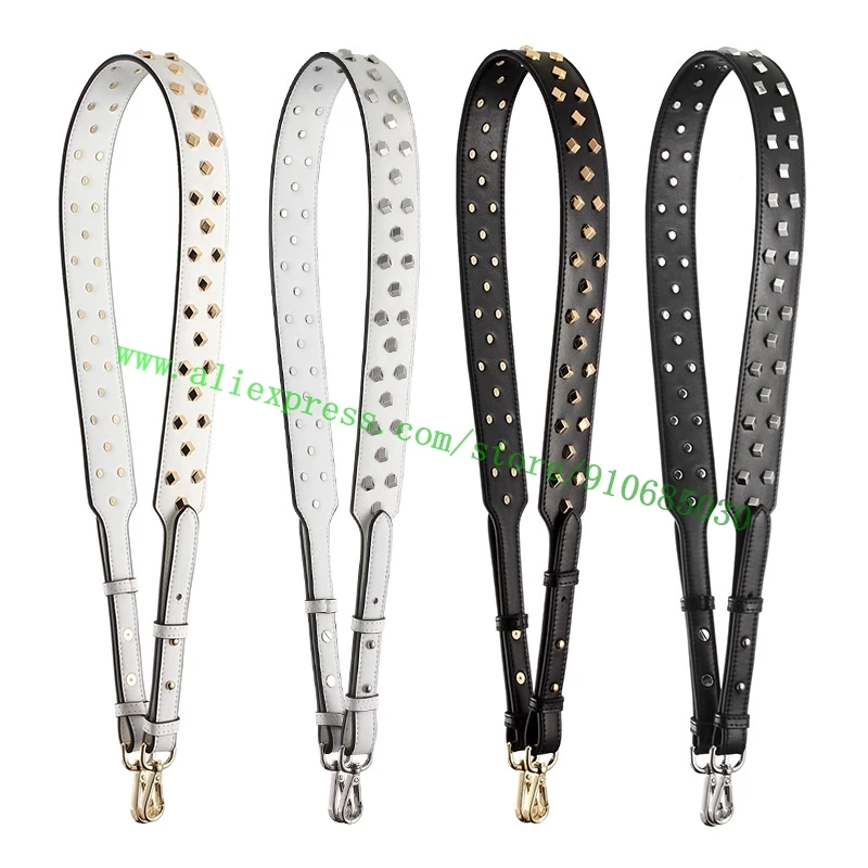 Black White Real Leather Cube Nail Studs Studded Bag Strap For Designer Lady Handbag Women Shoulder Purse Carry Belt Adjustable