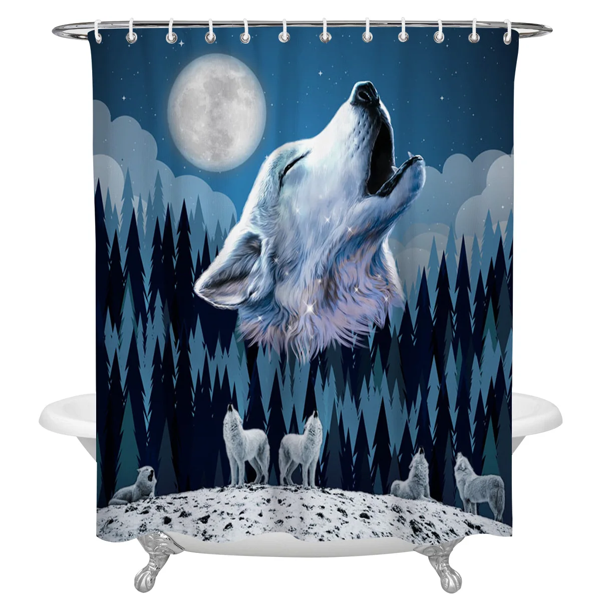 Animal Wolf Howling Moon Forest Waterproof Bathroom Decoration Shower Curtain Printed Bathtub Curtains Bathroom Accessories