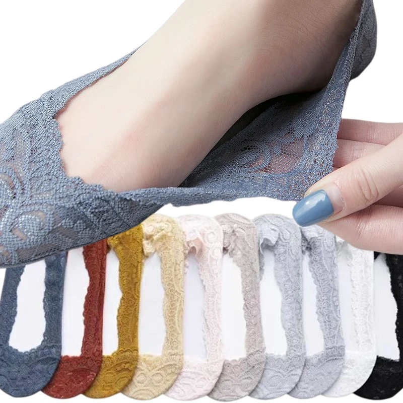 5pairs Summer Women Girl Silica Gel Lace Boat Socks Invisible Cotton Sole Non-slip Antiskid Slippers Anti-Slip Short Ankle Socks