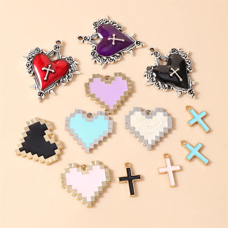 10 Stück niedliche Emaille-Anhänger mit Liebesherz und Kreuz für die Schmuckherstellung, Ohrringe, Halsketten, Armbänder, DIY-Bastelzubehör – Detail 1