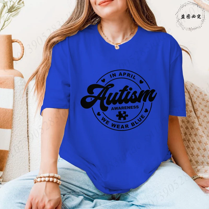 Women's Autism Awareness T-shirts in April We Wear Blue Puzzle Graphic Tops Short Sleeve Fashion Daily Wear Tees for Female