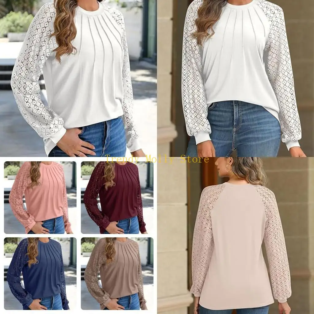 

N5KB Stylish Long Sleeve Lace Shirt Casual Blouse for Women Seeking Comfort and