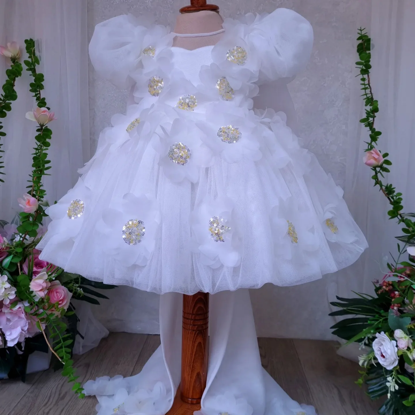 Holiday Toddler White Flower Baby Girl Dress Puff Sleeve 3d Flower Sequin Wedding Party Holiday Boutique Dresses With Big Bow
