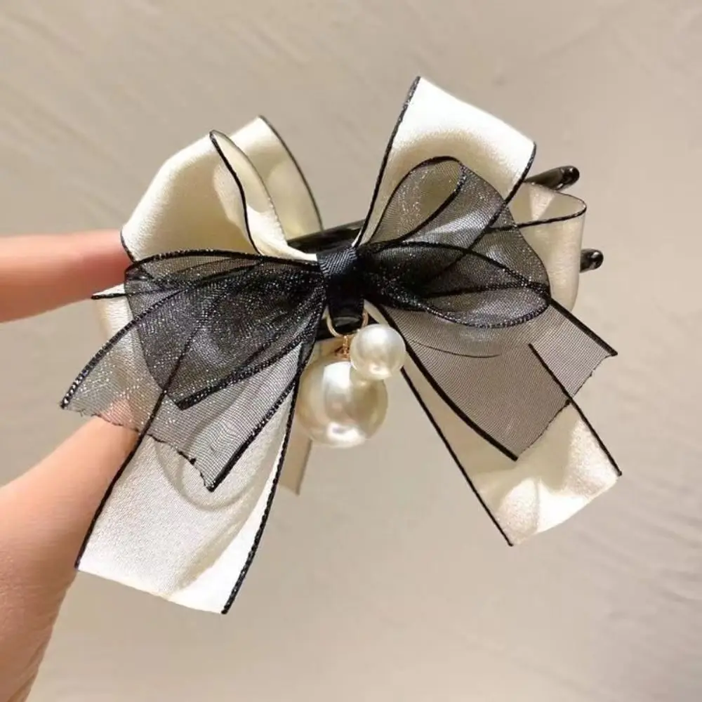 Mesh Bowknot Hair Claw Banana Clip Korean Style Bowknot Vertical Clip Pearl Crab Clip Bowknot Ponytail Holder Straight Hair