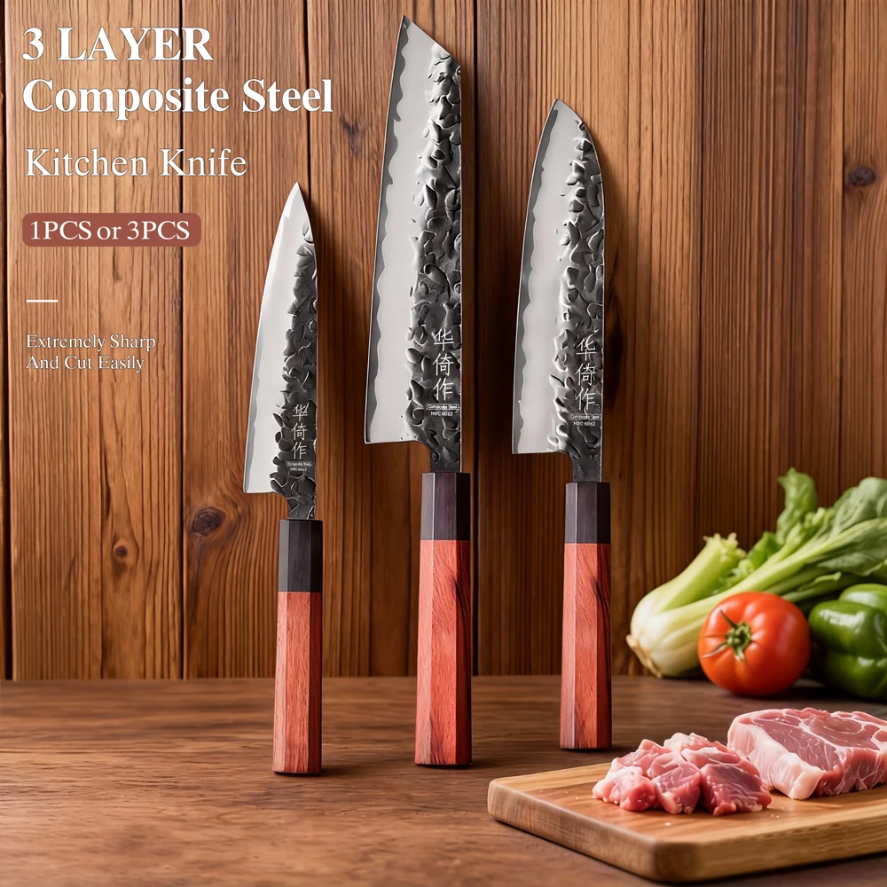 

1PC-3PCS Kitchen Knives Set Utility Santoku Kiritsuke Bunka Knife Japanese Composite Steel Cleaver Professional Chef Knife Sets
