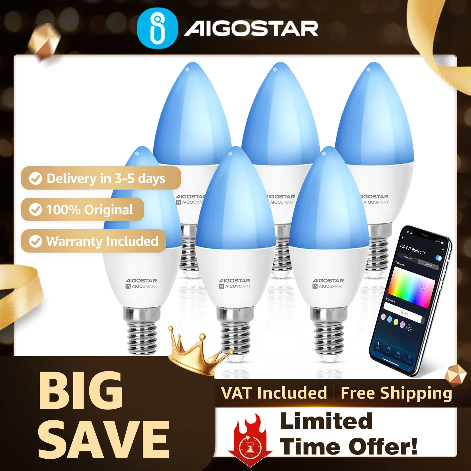 Aigostar Bombilla LED Inteligente E14 6uds | 6.5W Regulable, RGB y Blanco, WiFi Sincronía Musical | Funciona con Alexa y Google Home