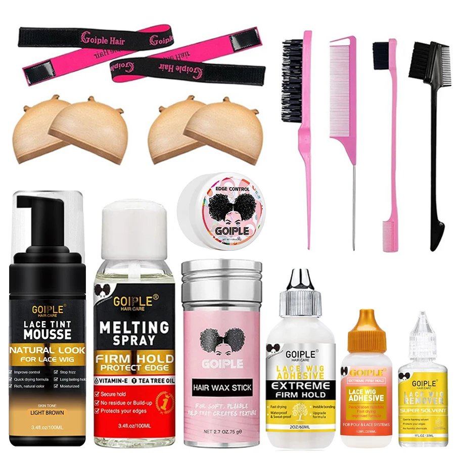 GOIPLE Wig Install Kit with Lace Wig Glue & Remover Lace Tint Mousse Melting Spray Wax Stick Beginner Friendly Complete Kit