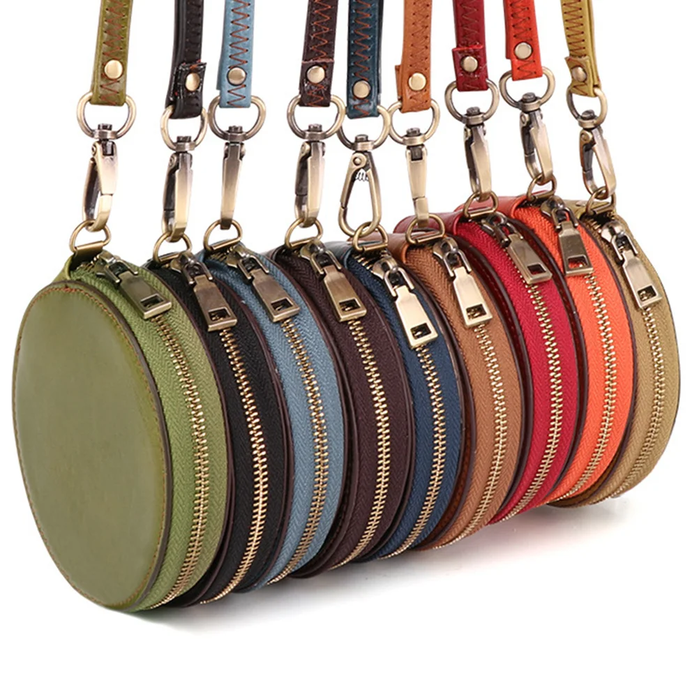 

Mini Wallet Green Retro Coin Purse Round Zipper Pocket Bag Small Handbag Wrist Lanyard Wear Resistant Business Card Cash