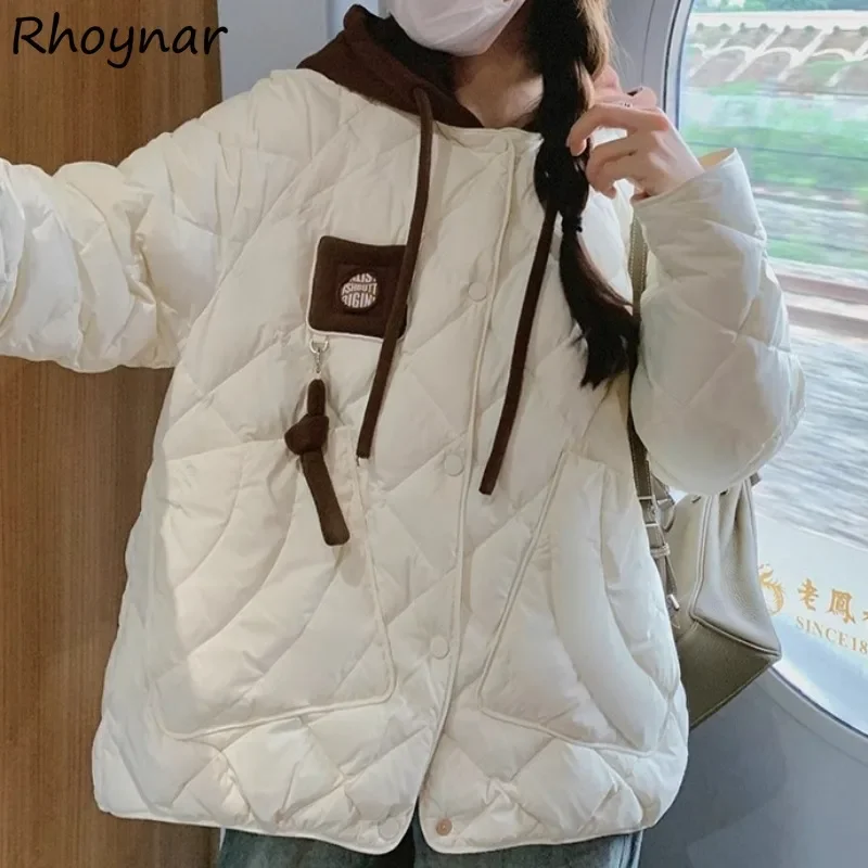 

Parkas Women Preppy Style Hooded Panelled Patchwork Single Breasted Pockets All-match Casual Streetwear College Korean Fashion