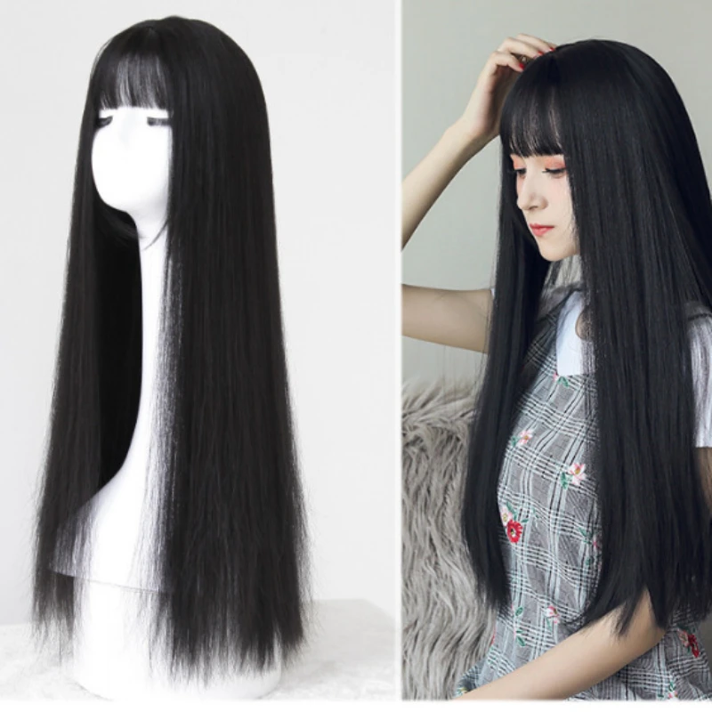 70CM Long Black Straight Wig with Bangs for Women Heat Resistant Fashionable Elegant Synthetic Wig for Daily Party and Cosplay