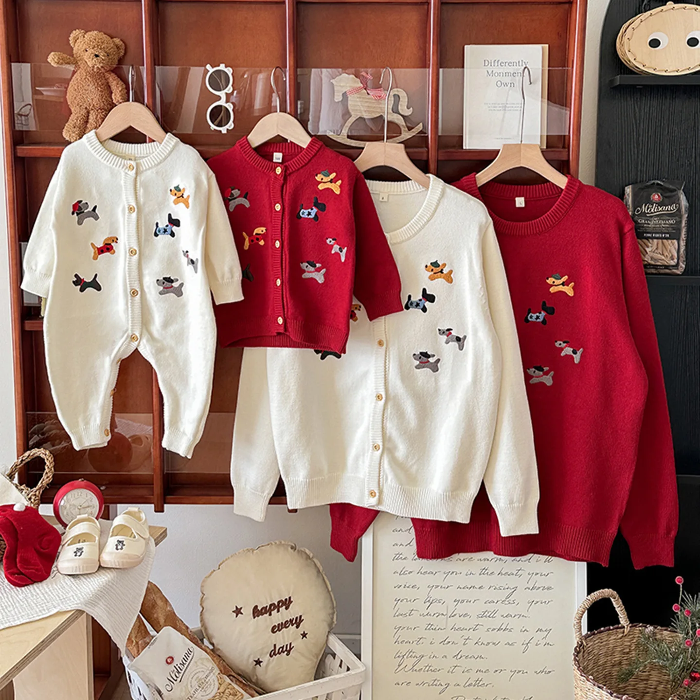 

Autumn Winter Cartoon Embroidery Dog Knit Cardigan for Mom and Kids Family Matching Sweater Mother Son Cute Pullover Baby Romper