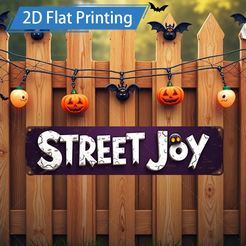 1pc Metal Sign, 4x16inch Halloween Street Joy Sign Flat Printing Rustic Wood Fence Decor