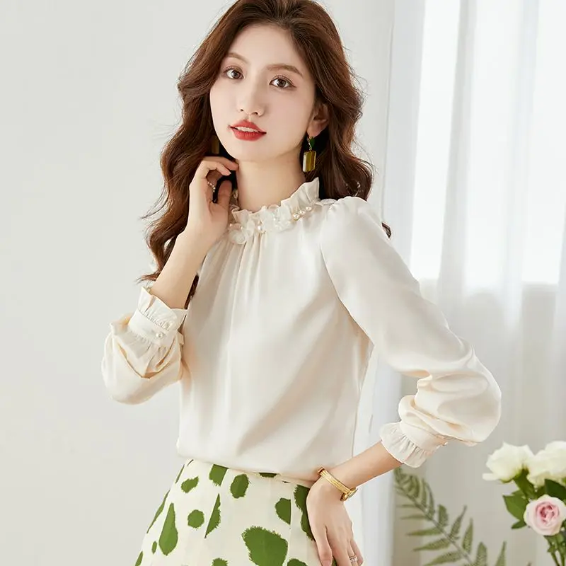 2023 New Temperament Pleated Solid Color Chiffon Half Height Collar Long Sleeve Blouse Women Clothes Elegant Floral Shirts Tops