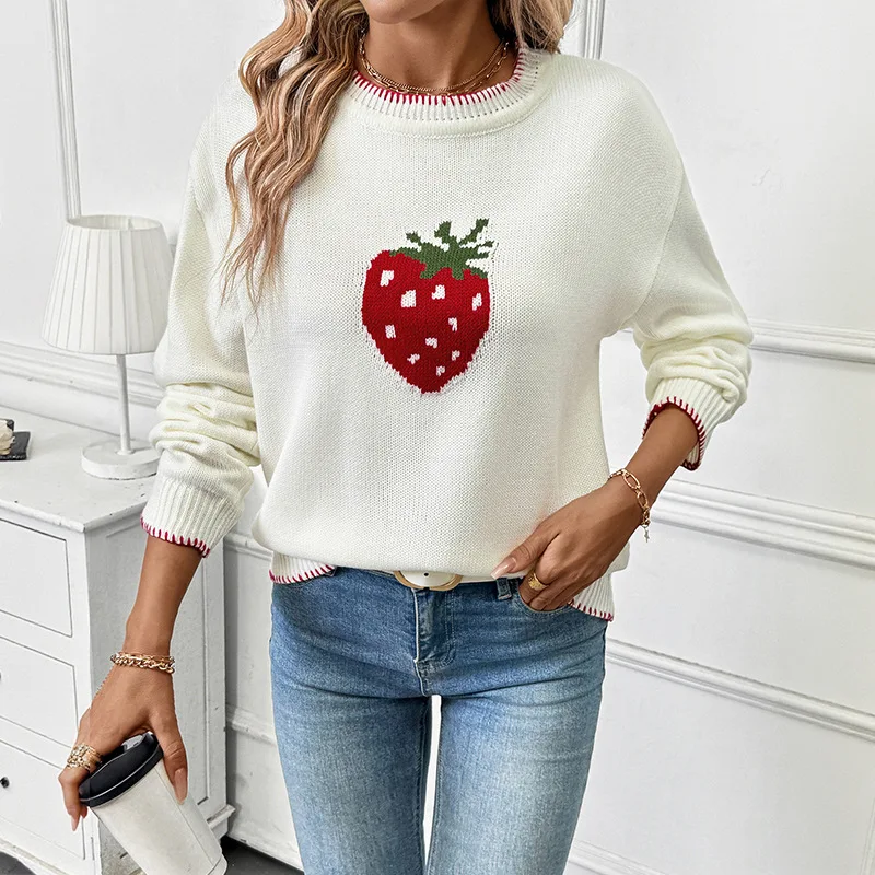 Strawberry Jacquard Autumn and Winter New Round Neck Stitching Pullover Sweater